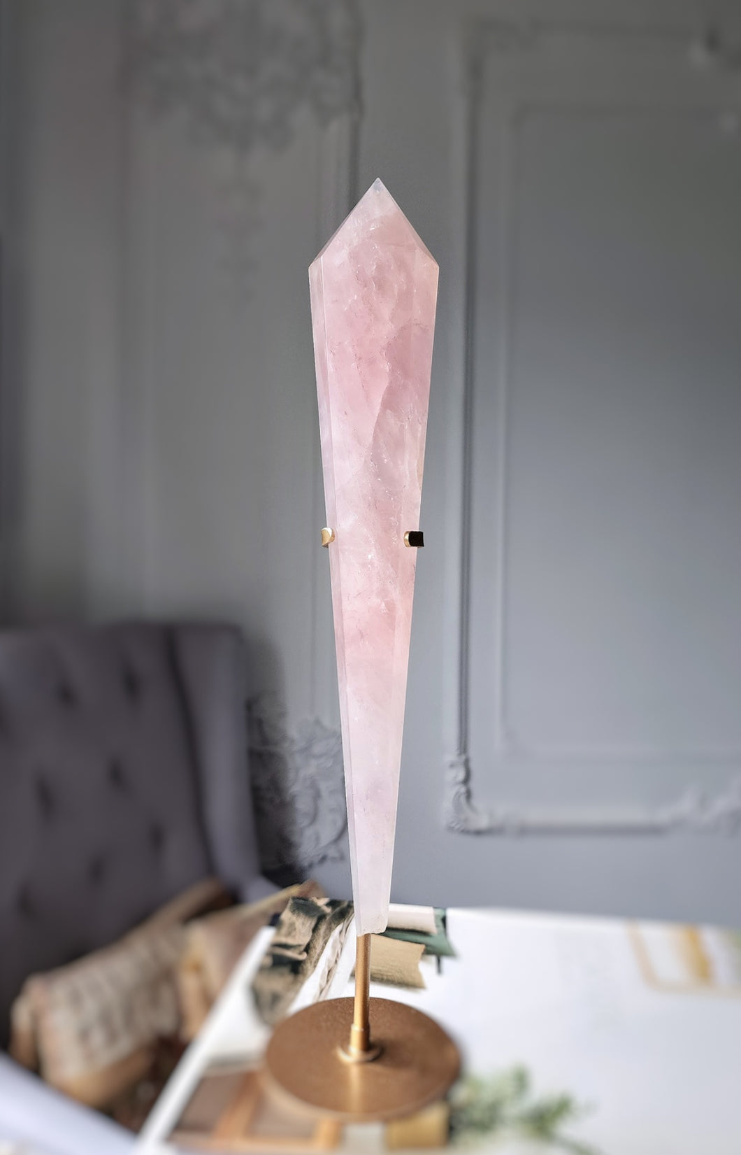 Rose Quartz Wand on Gold Stand - 590g #5