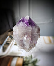 Load image into Gallery viewer, Elestial Amethyst Half Raw Half Polished Cluster on Stand - 882g #101
