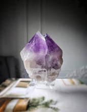 Load image into Gallery viewer, Elestial Amethyst Half Raw Half Polished Cluster on Stand - 882g #101
