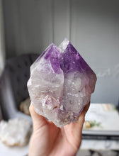 Cargar imagen en el visor de la galería, Elestial Amethyst Half Raw Half Polished Cluster on Stand - 882g #101
