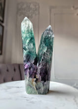 Load image into Gallery viewer, Large Rainbow / Green Fluorite Twin Tower - 1.3kg #62
