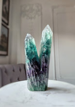 Load image into Gallery viewer, Large Rainbow / Green Fluorite Twin Tower - 1.3kg #62
