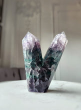 Load image into Gallery viewer, Rainbow/ Green Fluorite Twin Tower - 546g #64
