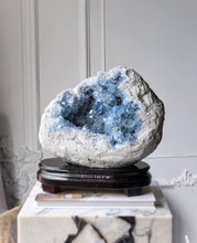 Cargar imagen en el visor de la galería, 40% OFF | Large High Grade Celestite Geode / Cluster on Wooden Stand - 11.73kg #17
