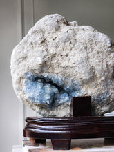 Cargar imagen en el visor de la galería, 40% OFF | Large High Grade Celestite Geode / Cluster on Wooden Stand - 11.73kg #17
