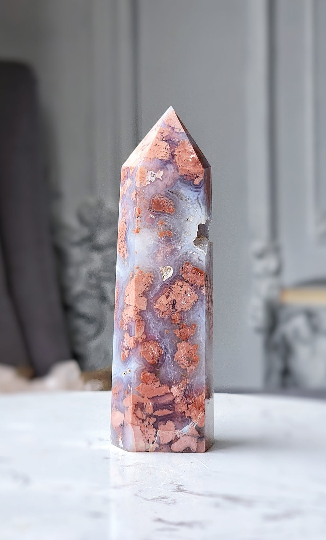 Pink & Blue Flower Agate Tower - small 188g #68