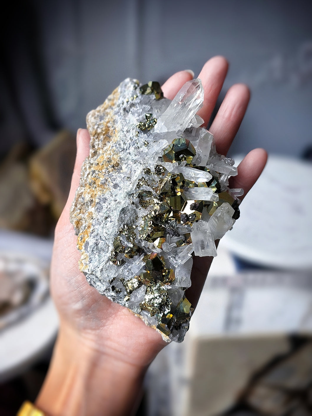 Golden Pyrite in Clear Quartz Cluster - 447g #99