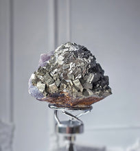 Load image into Gallery viewer, Pyrite x Fluorite Quartz on Silver Rotate Stand - 690g #133
