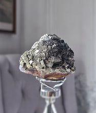 Load image into Gallery viewer, Pyrite x Fluorite Quartz on Silver Rotate Stand - 690g #133
