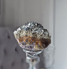 Load image into Gallery viewer, Pyrite x Fluorite Quartz on Silver Rotate Stand - 690g #133
