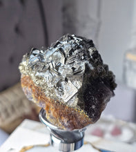 Load image into Gallery viewer, Pyrite x Fluorite Quartz on Silver Rotate Stand - 690g #133
