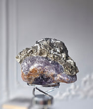 Load image into Gallery viewer, Pyrite x Fluorite Quartz on Silver Rotate Stand - 690g #133

