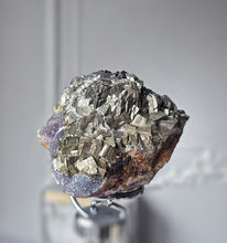 Load image into Gallery viewer, Pyrite x Fluorite Quartz on Silver Rotate Stand - 690g #133
