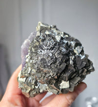 Load image into Gallery viewer, Pyrite x Fluorite Quartz on Silver Rotate Stand - 690g #133

