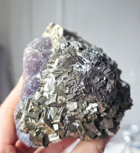 Load image into Gallery viewer, Pyrite x Fluorite Quartz on Silver Rotate Stand - 690g #133

