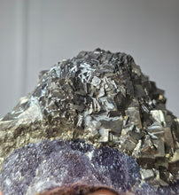 Load image into Gallery viewer, Pyrite x Fluorite Quartz on Silver Rotate Stand - 690g #133
