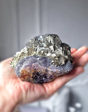 Load image into Gallery viewer, Pyrite x Fluorite Quartz on Silver Rotate Stand - 690g #133

