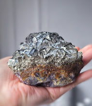 Load image into Gallery viewer, Pyrite x Fluorite Quartz on Silver Rotate Stand - 690g #133
