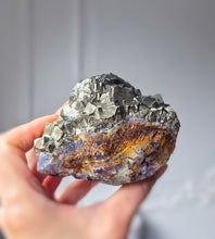 Load image into Gallery viewer, Pyrite x Fluorite Quartz on Silver Rotate Stand - 690g #133

