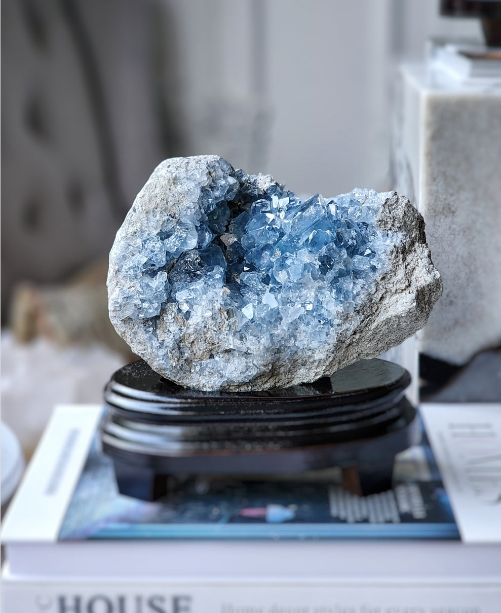 High Grade Celestite Cluster on Wooden Stand - 2.6kg #48