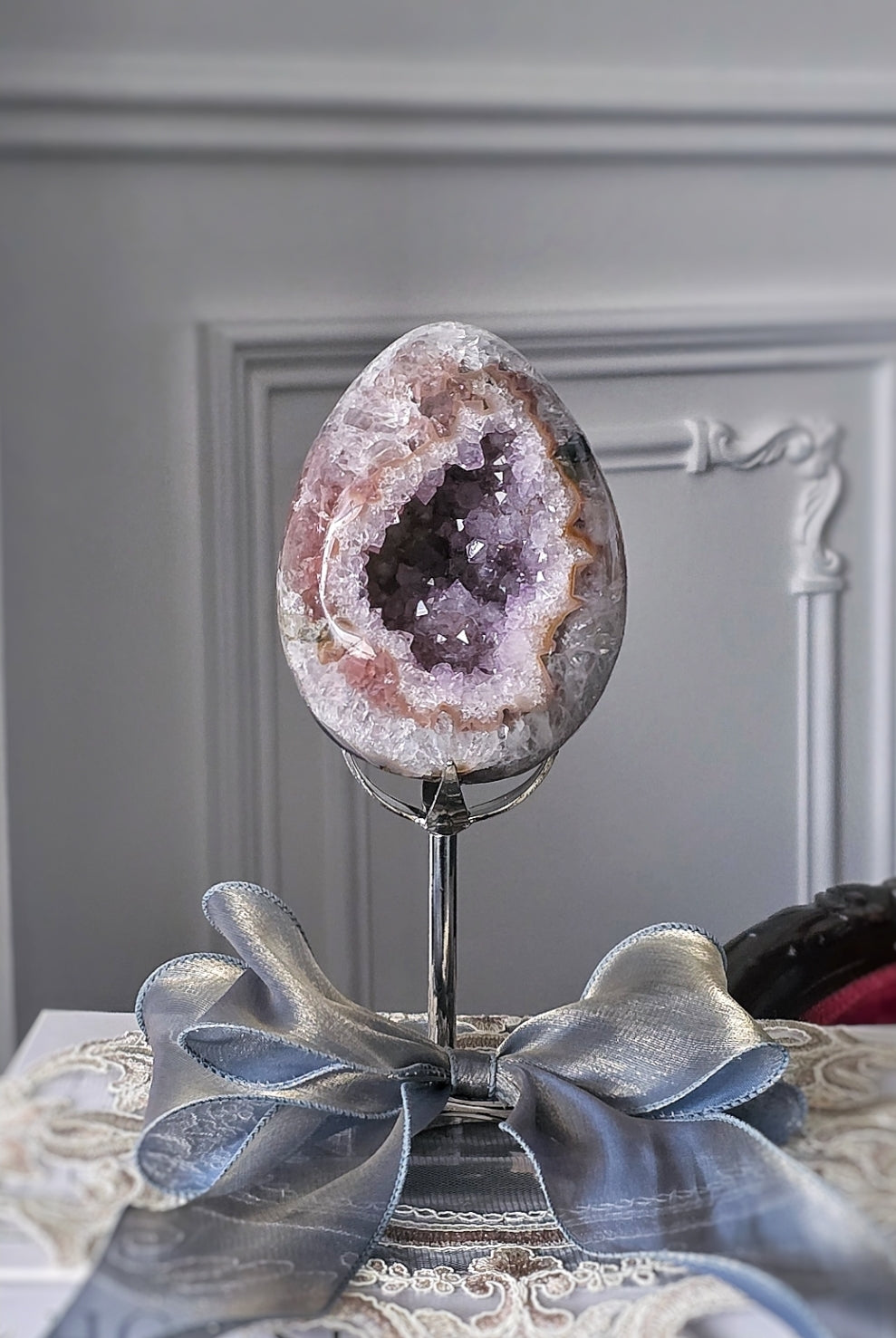 Pink Amethyst Geode Egg on Silver Stand - 1.24kg #1