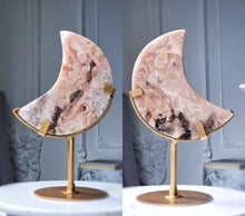 Load image into Gallery viewer, Pink Amethyst Moon on Gold Stand - 1.12kg #102
