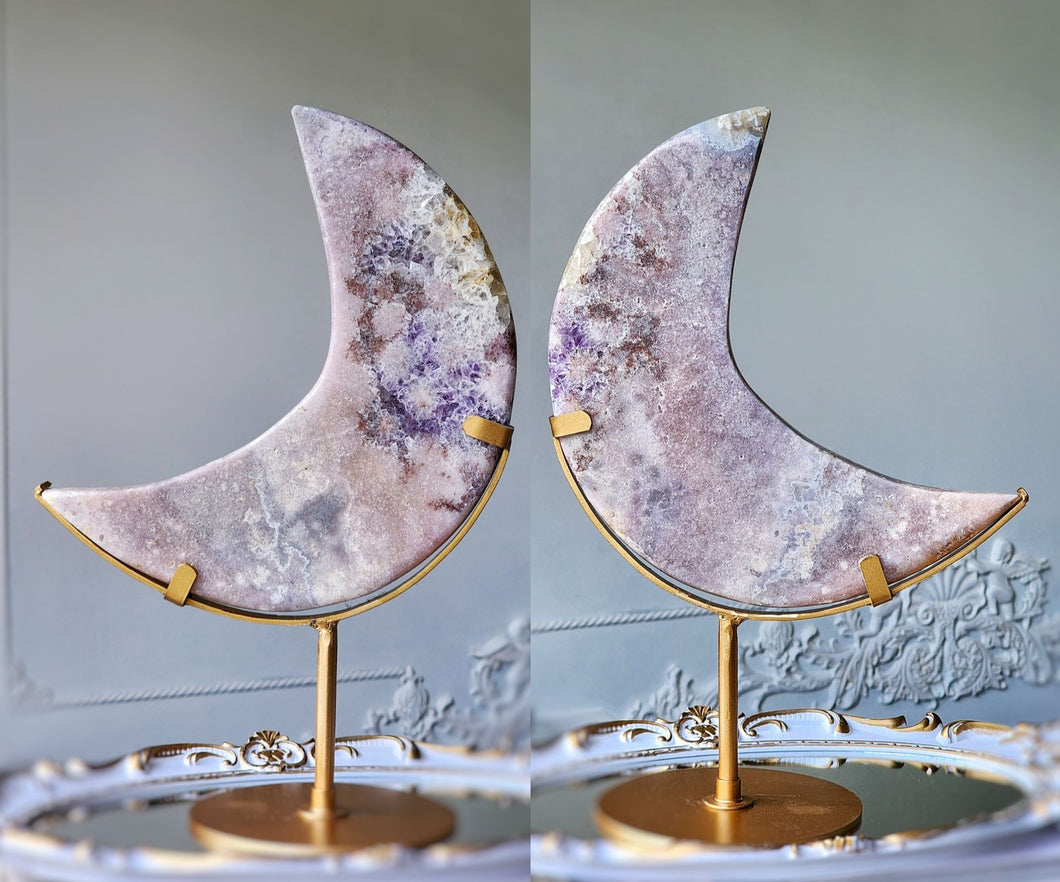 Large Pink Amethyst Moon on Gold Stand - 1.7kg #104