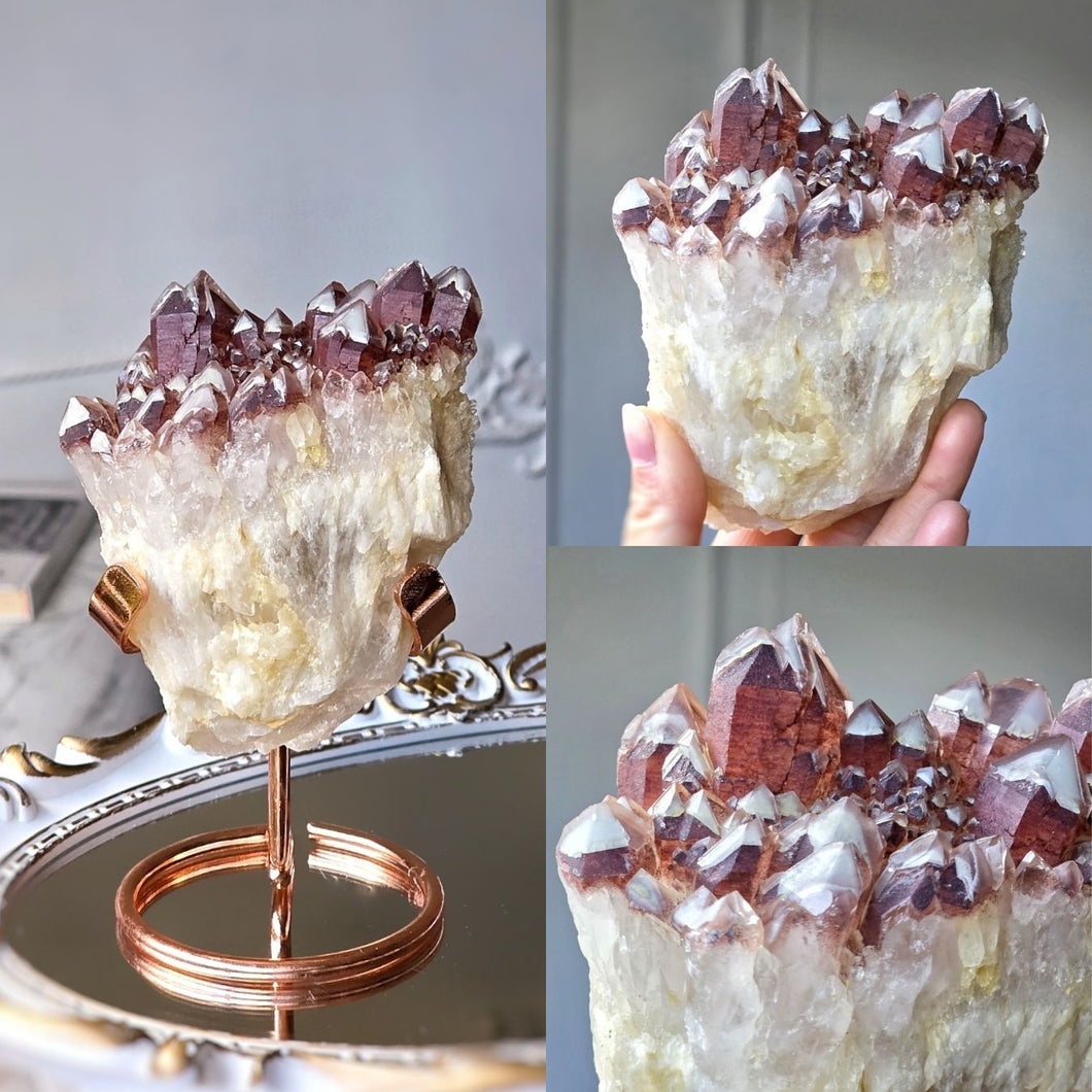 Red Phantom Quartz Cluster on Rose Gold Stand - 572g #150