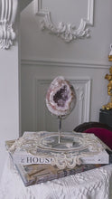Load and play video in Gallery viewer, Pink Amethyst Geode Egg on Silver Stand - 1.24kg #1
