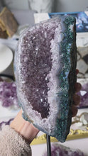 Load and play video in Gallery viewer, Amethyst x Moss Agate Geode / Cluster on Black Stand - 1.96kg #113
