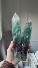 Load and play video in Gallery viewer, Large Rainbow / Green Fluorite Twin Tower - 1.3kg #62
