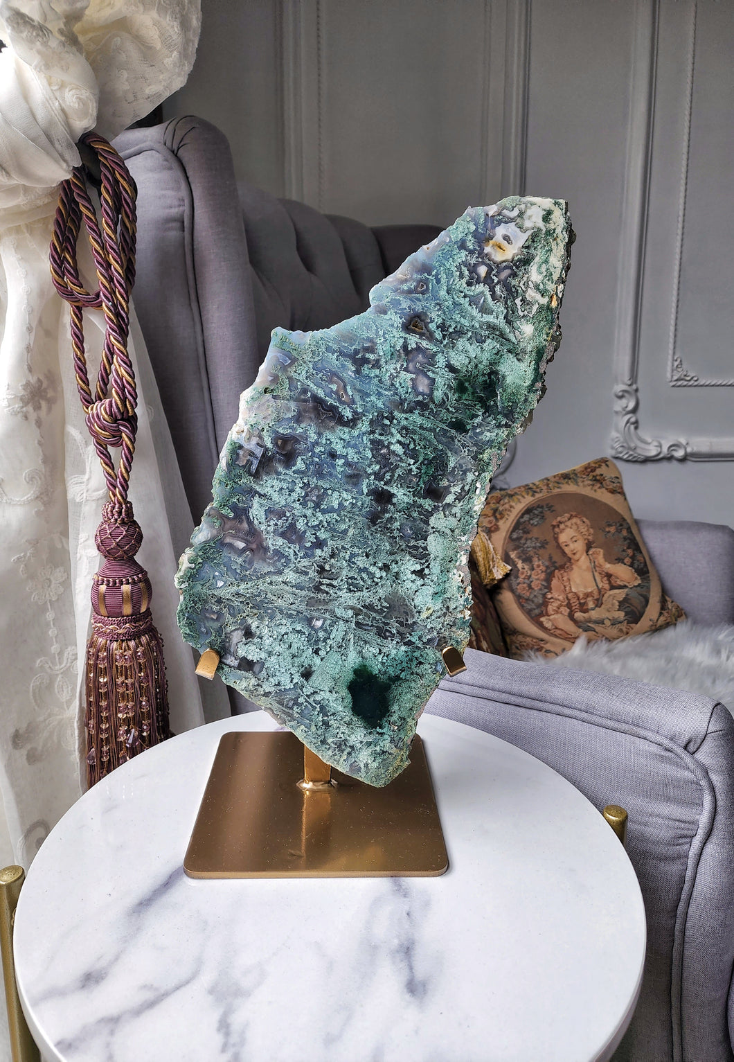 Moss Agate Slab on Gold Metal Stand - 3kg #1